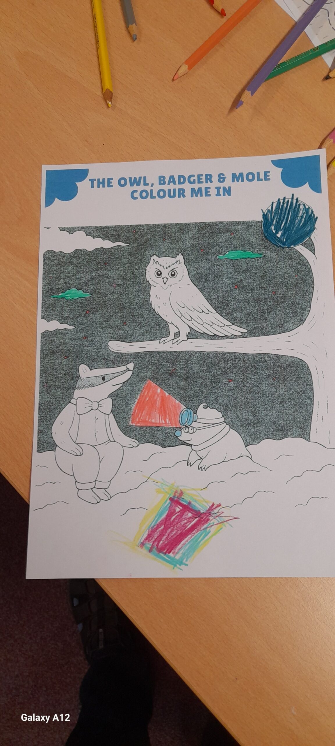 May be a doodle of owl, map and text that says "THE OWL, BADGER EOWL,BADGER&MOLE & MOLE COLOUR COLOURMEIN ME TN Galaxy GalaxyA12 A12"