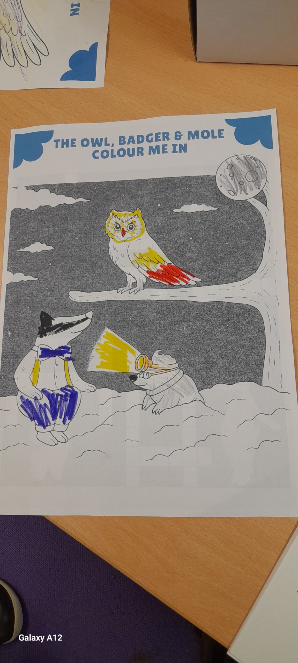 May be an illustration of text that says "THE OWL, BADGER & MOLE COLOUR ME IN Galaxy GalaxyA12 A12"